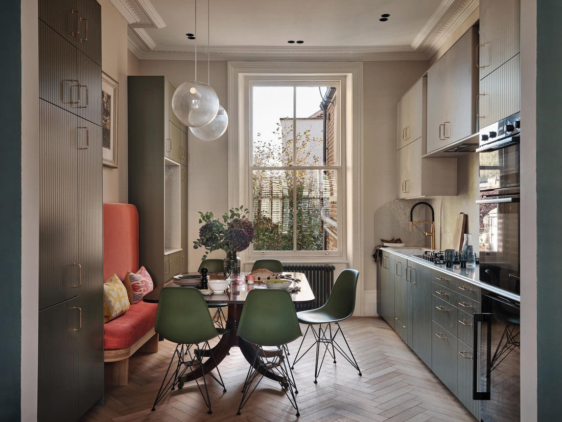 Kitchen in an Edwardian home with herringbone wood floors