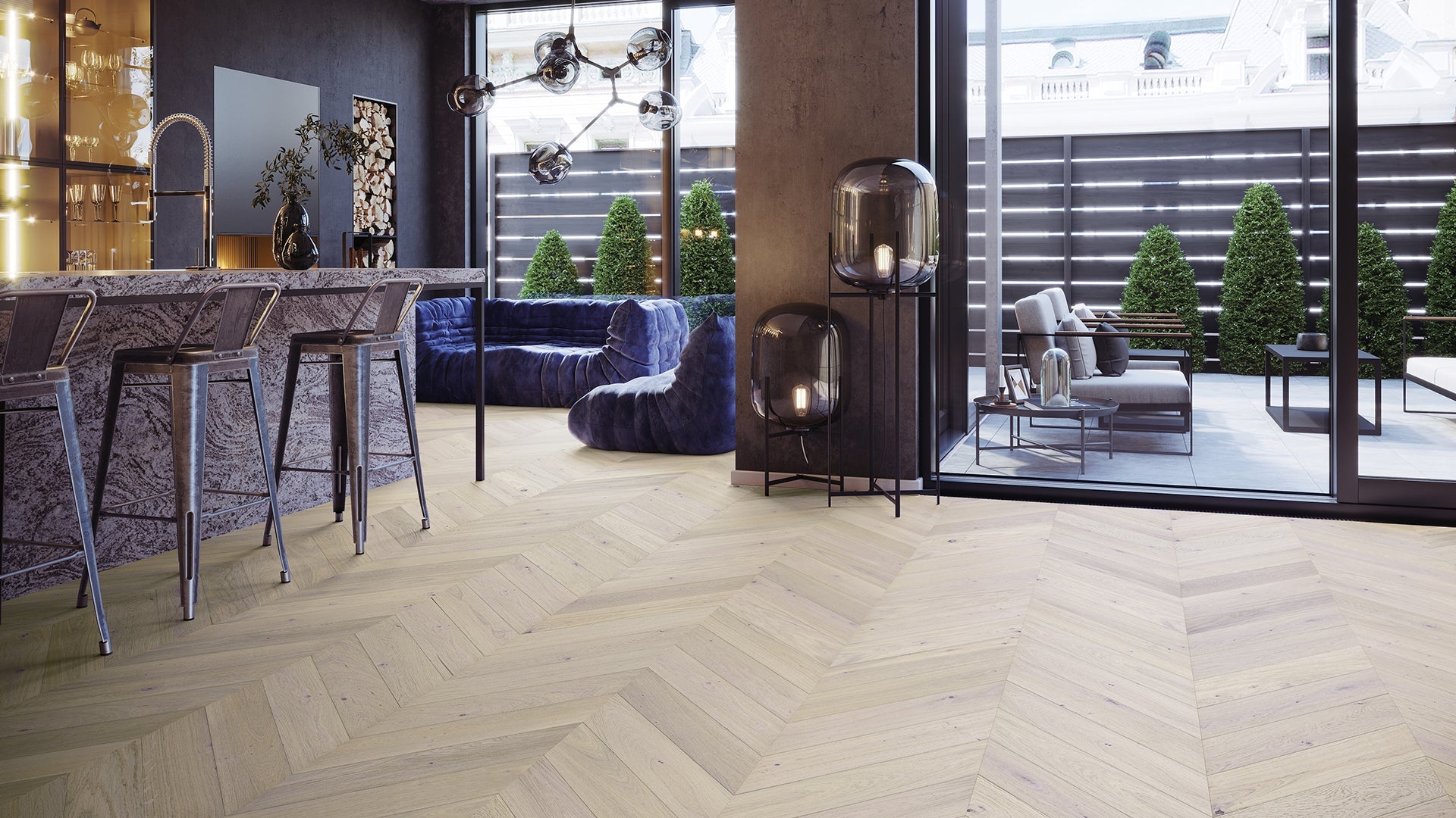 close-up of chair on chevron wood flooring