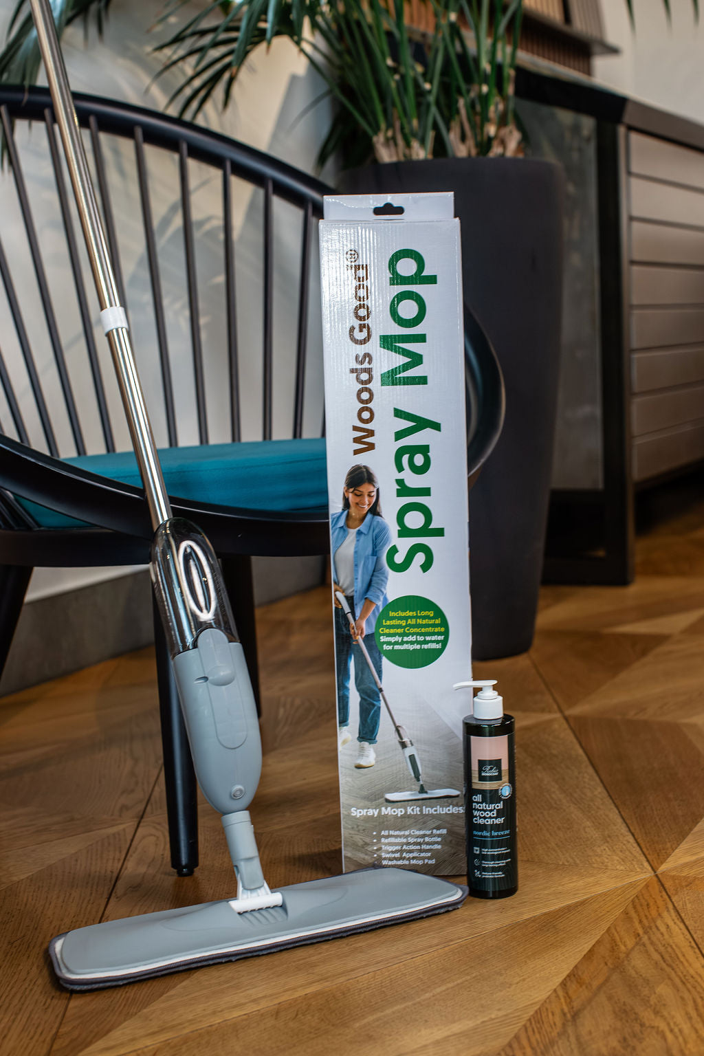 wood floor accessories by a chair