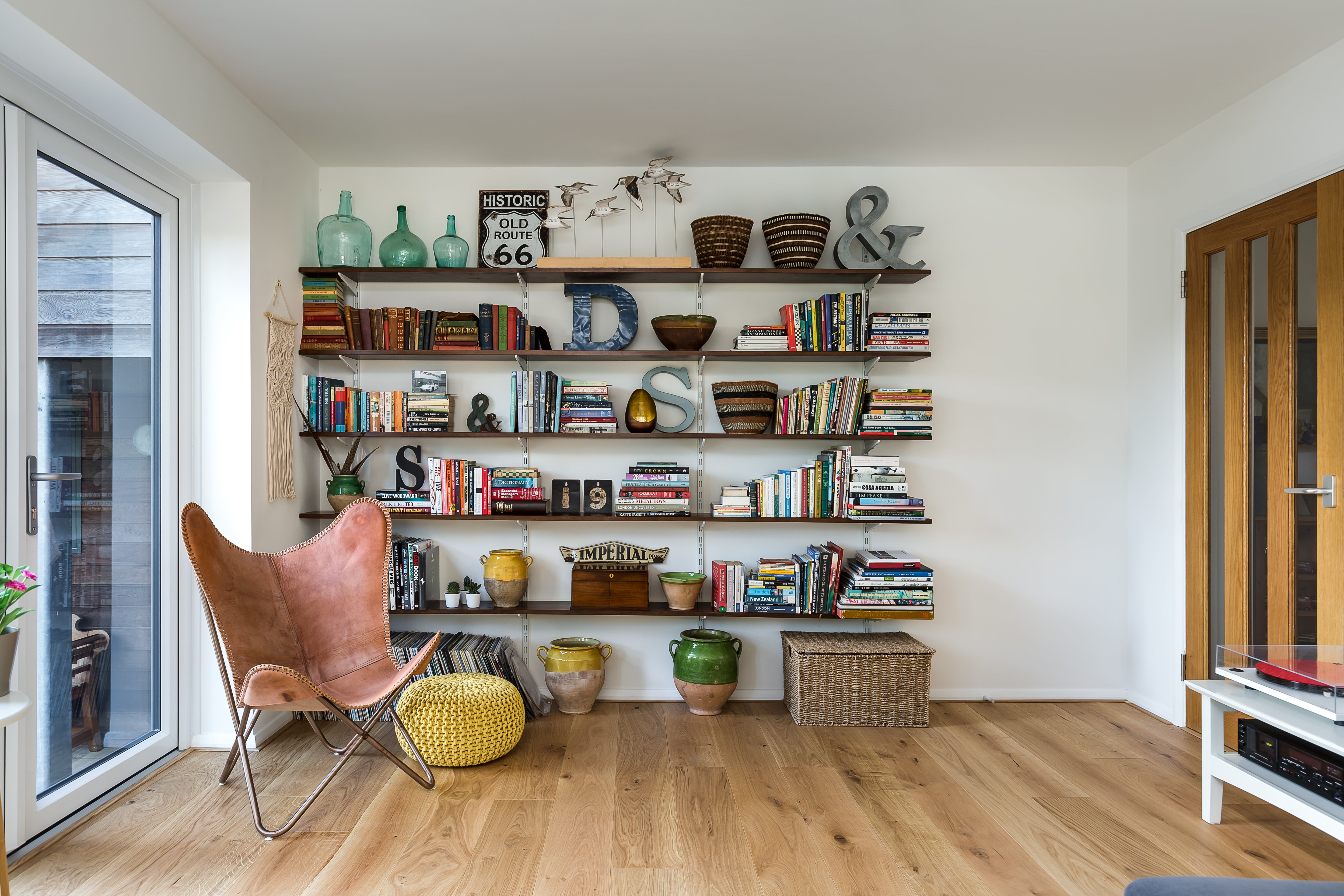 Book shelves in a reading room with Canyon Oak wood floors