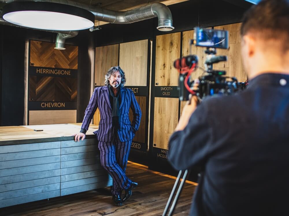 Laurence Llewelyn Bowen filming inside the v4 surrey design centre