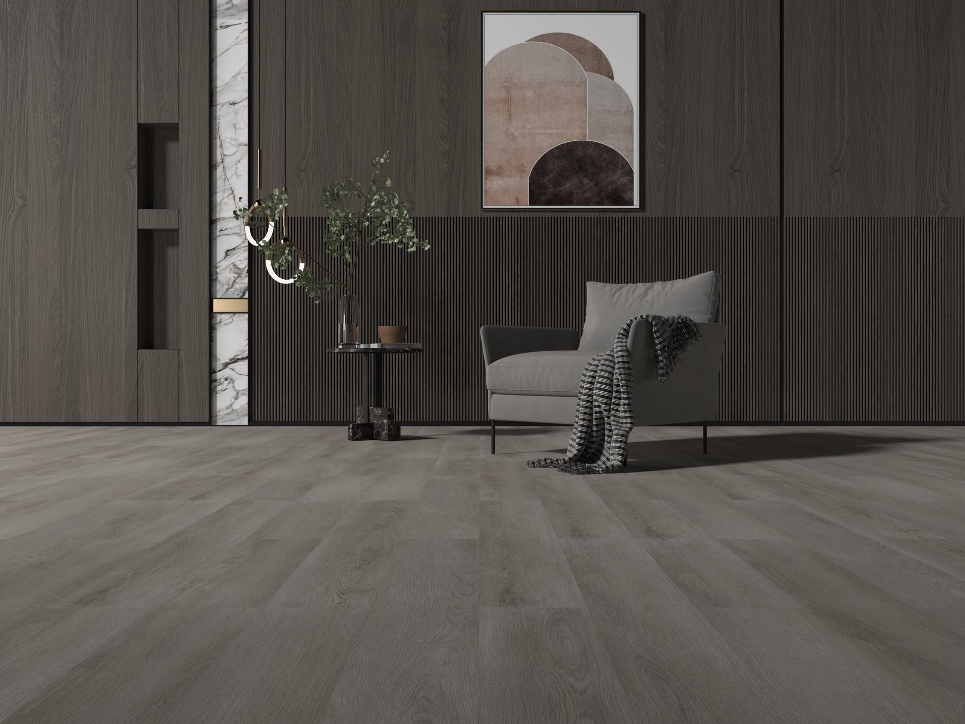 Grey SPC vinyl floors in a modern grey living room