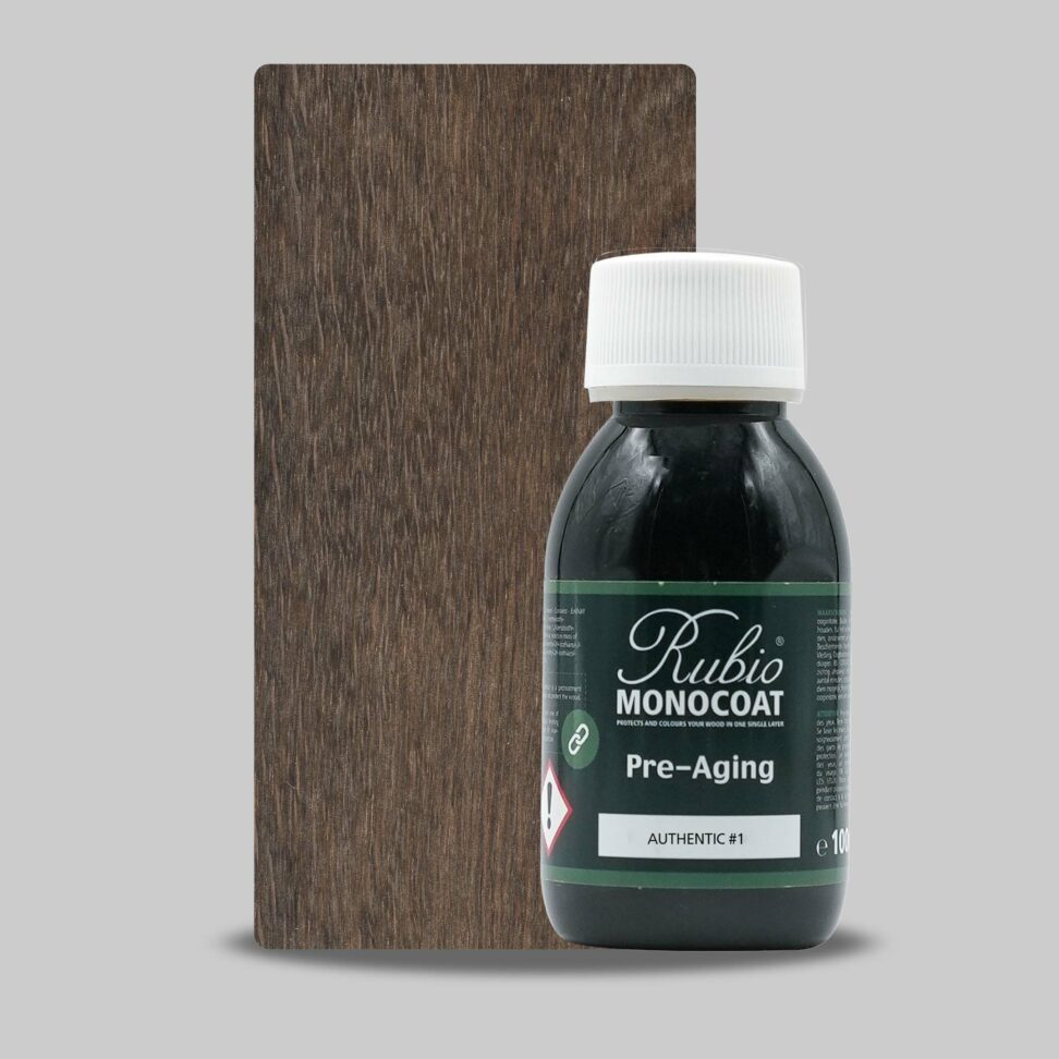 Bottle of Rubio Monocoat Pre-Aging next to a wooden panel