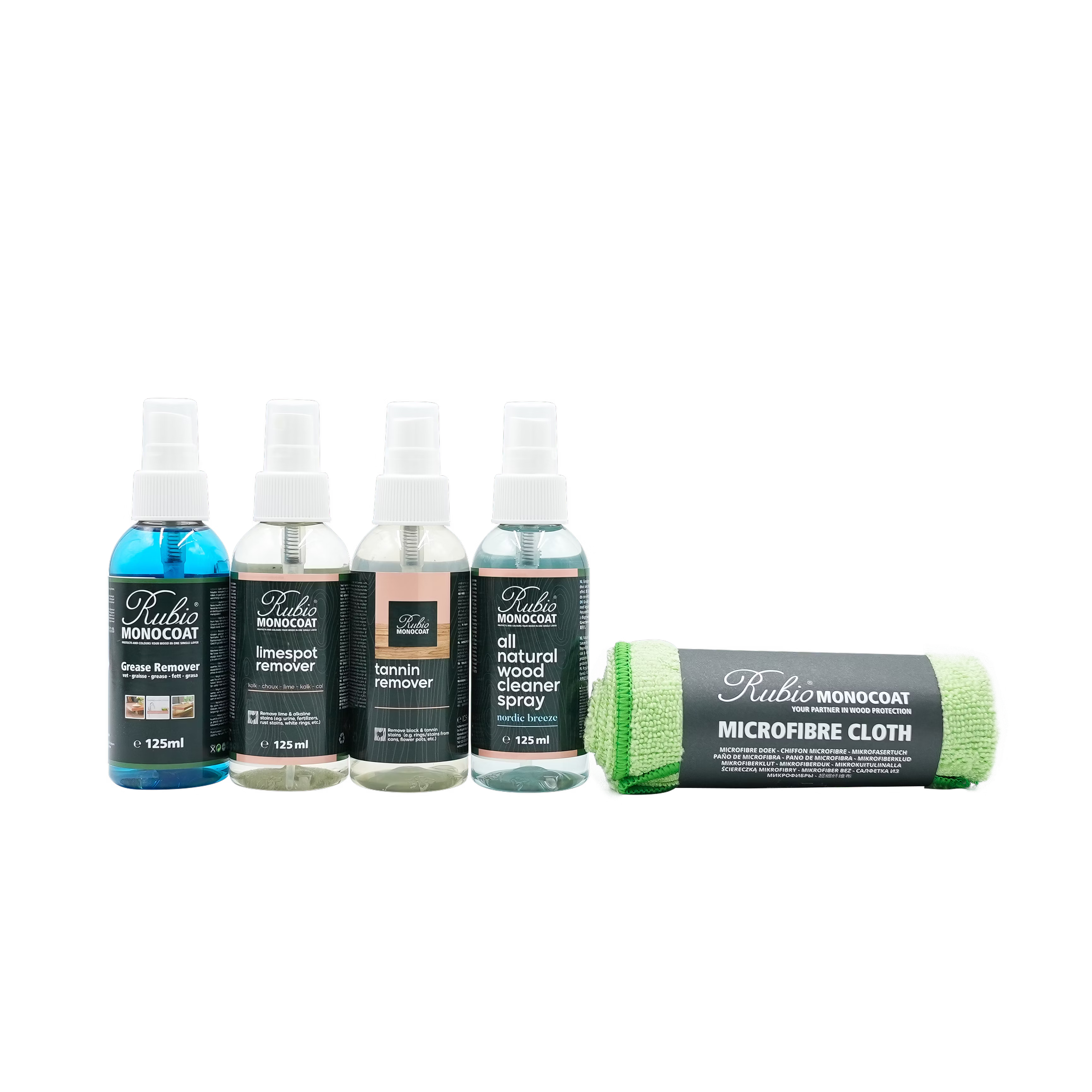 Set of four spray bottles and a microfiber cloth from the Rubio Monocoat stain remover set