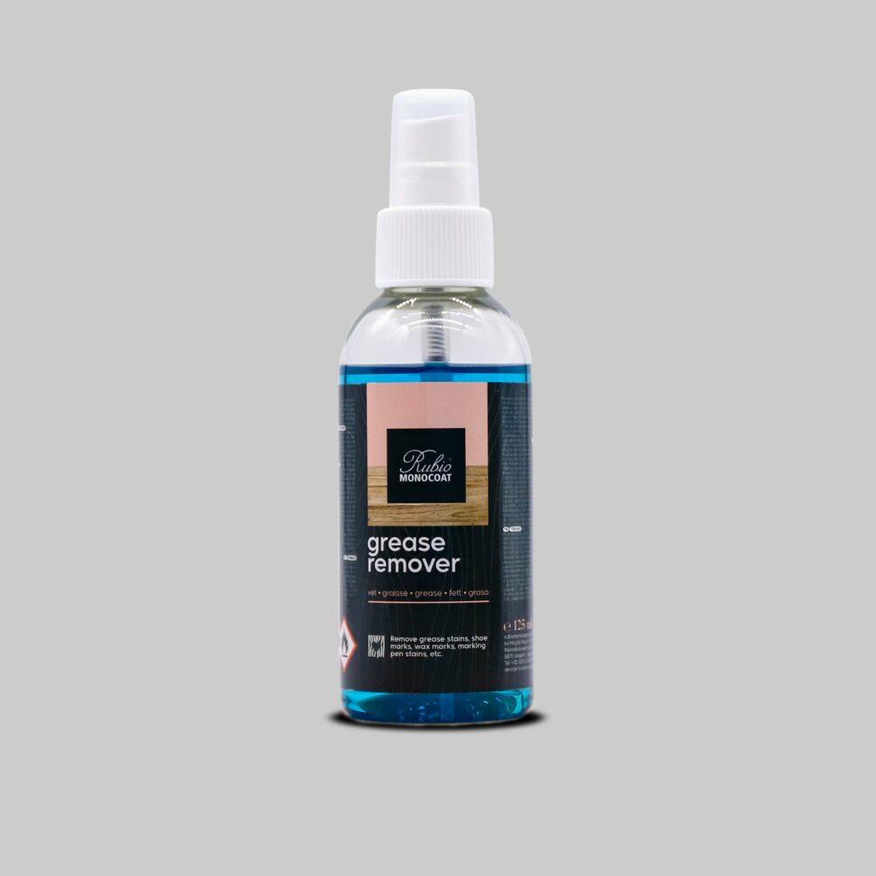 Bottle of Rubio grease remover spray on a grey background