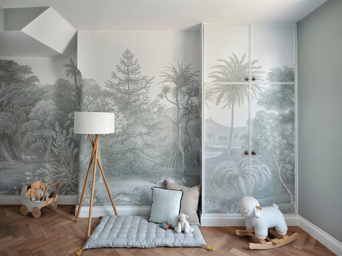 nursery with feature wallpaper and white smoked oak herringbone flooring