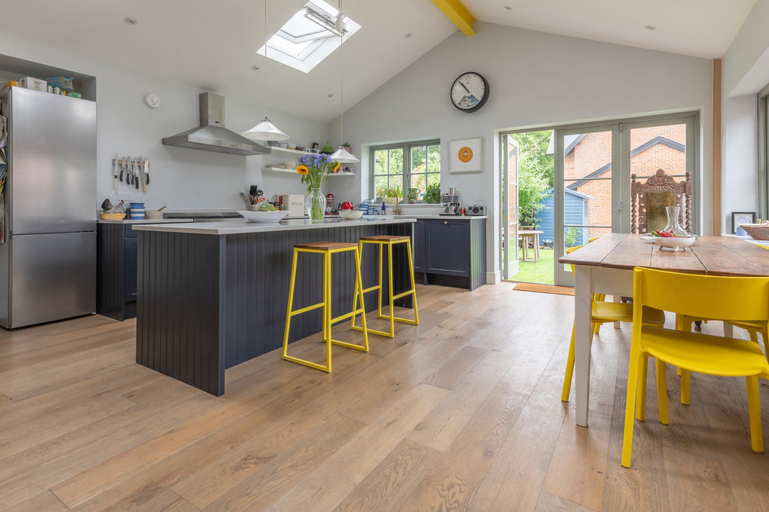 blue and yellow kitchen design with deco frozen umber flooring