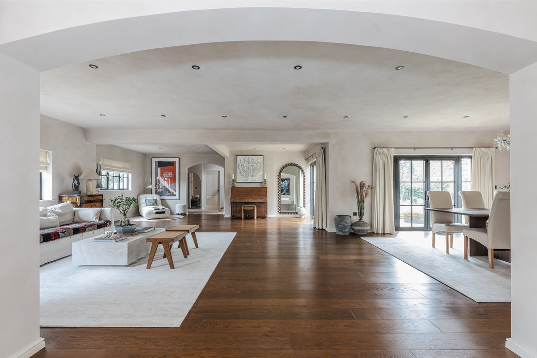 dark brown wood floor inside contemporary living room
