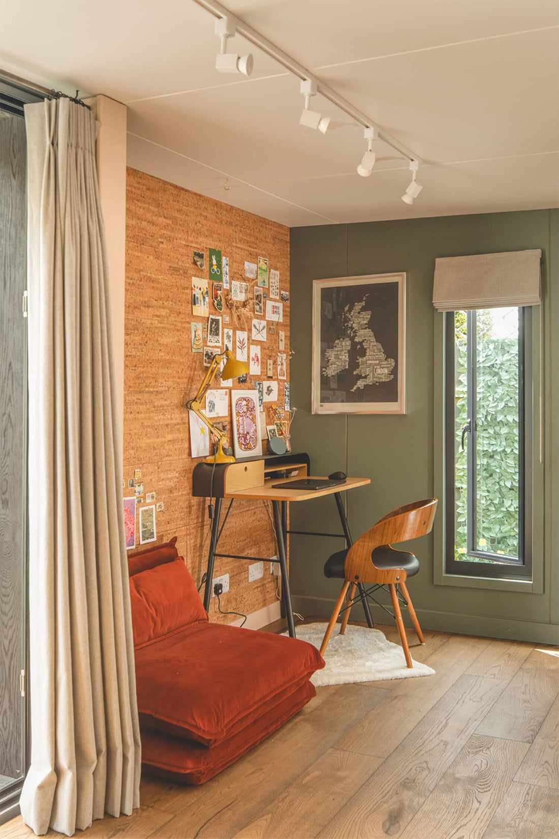 cork wall panels inside sustainable garden cabin