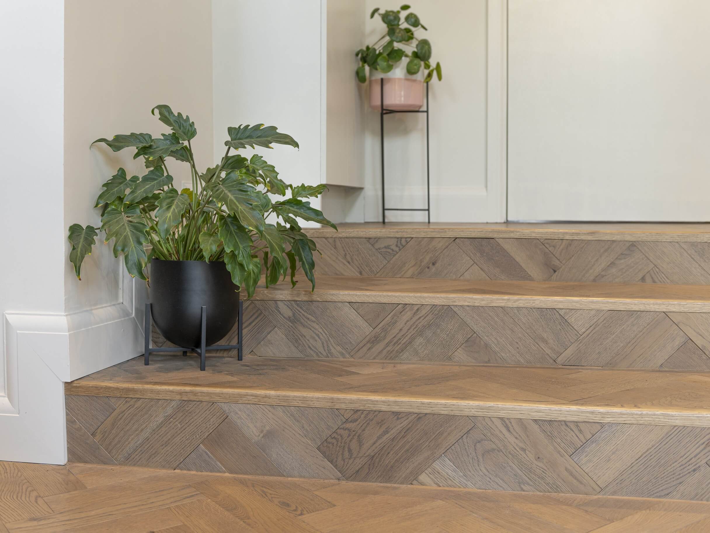 oak stair nosing with herringbone wood floors