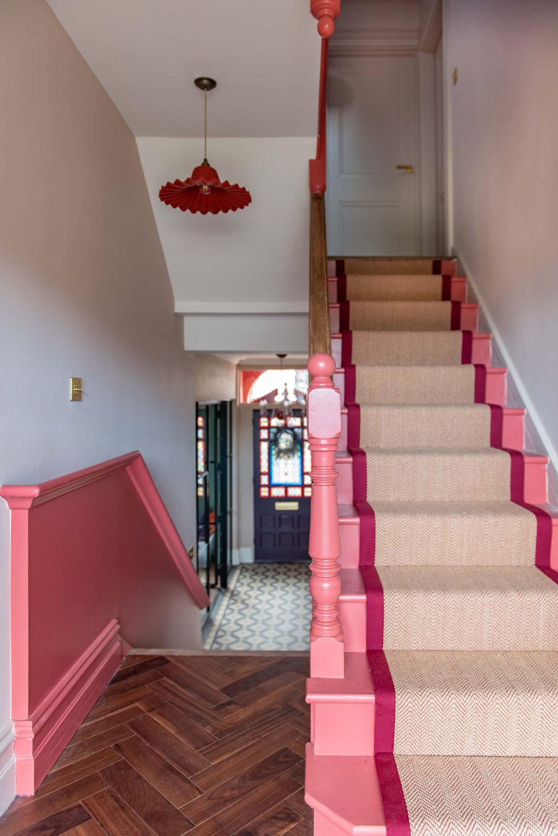 American Black Walnut wood floor in Edwardian home hallway with pink paintwork