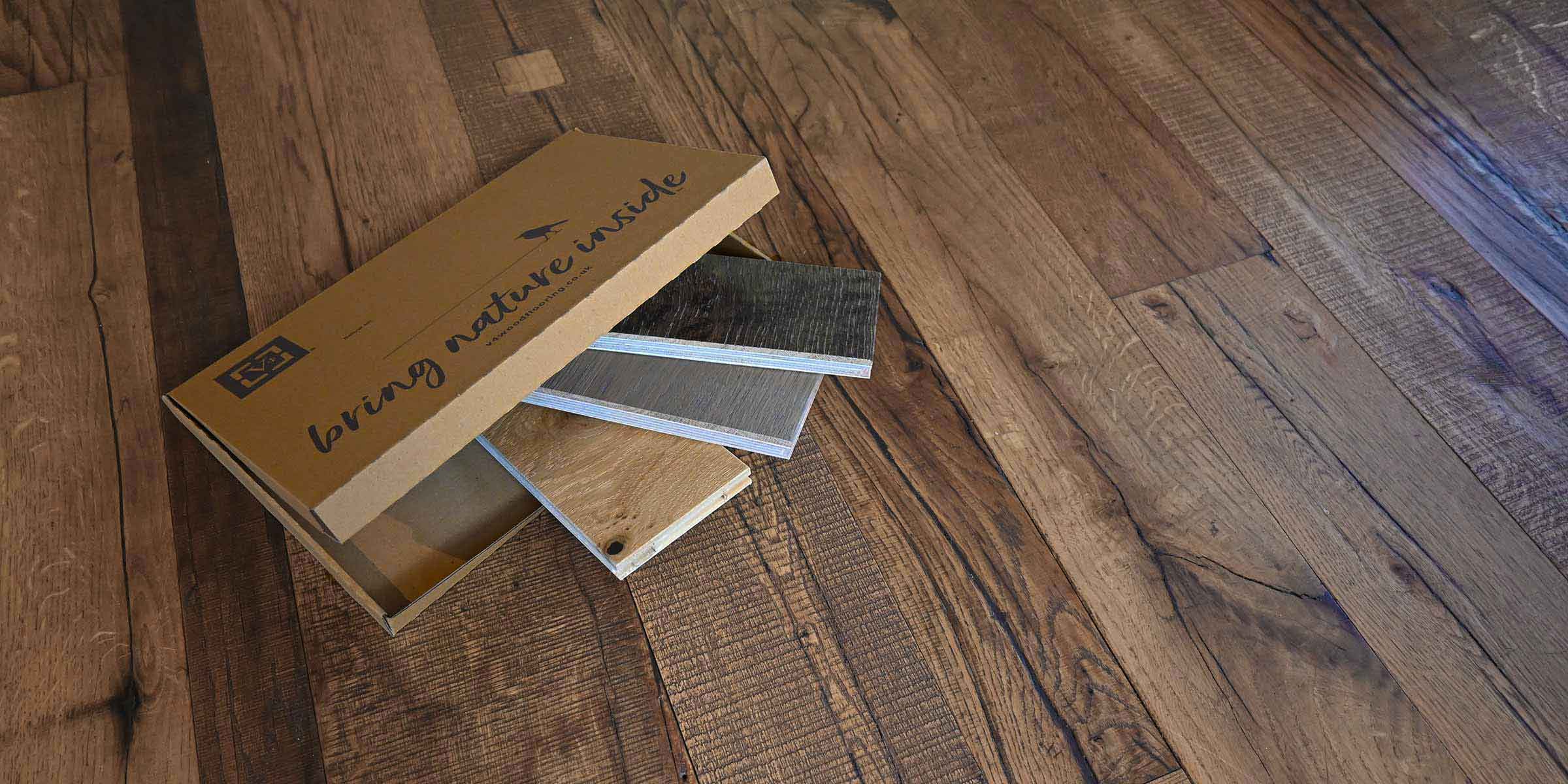 box of free wood floor samples