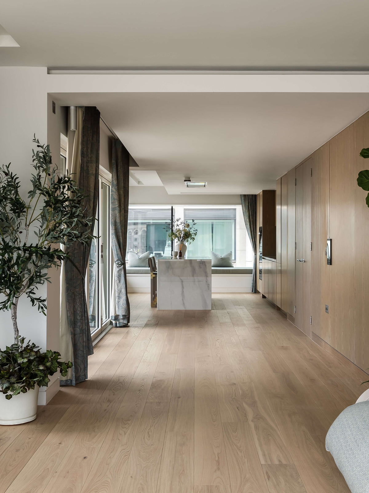 Apartment open plan living with Tundra Seashell planks