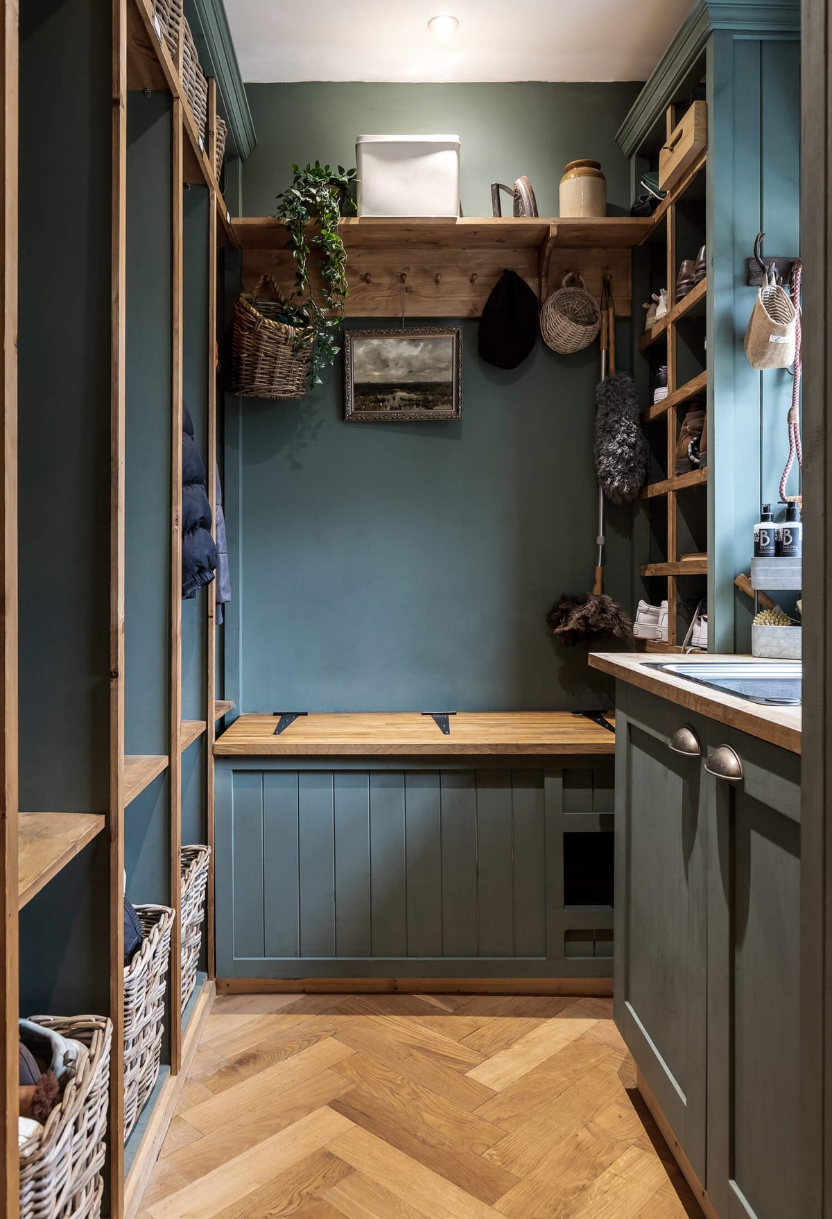 boot room with earthy green paint and smoked wood floors