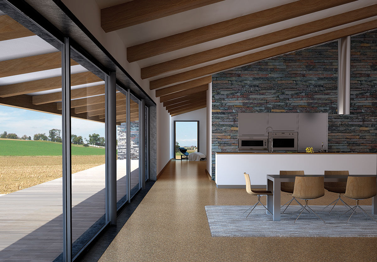 open plan kitchen with cork floors