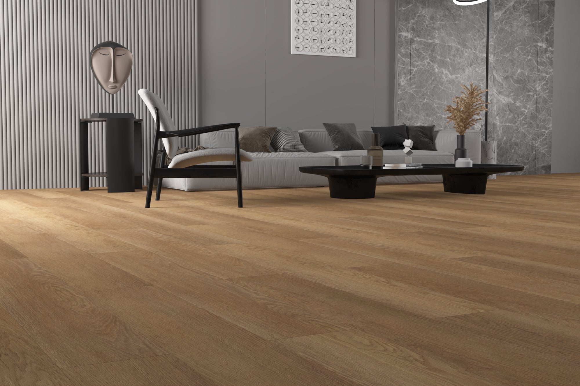 Modern living room with Morning Sun Oak SPC vinyl flooring, grey sofa, and decorative elements.