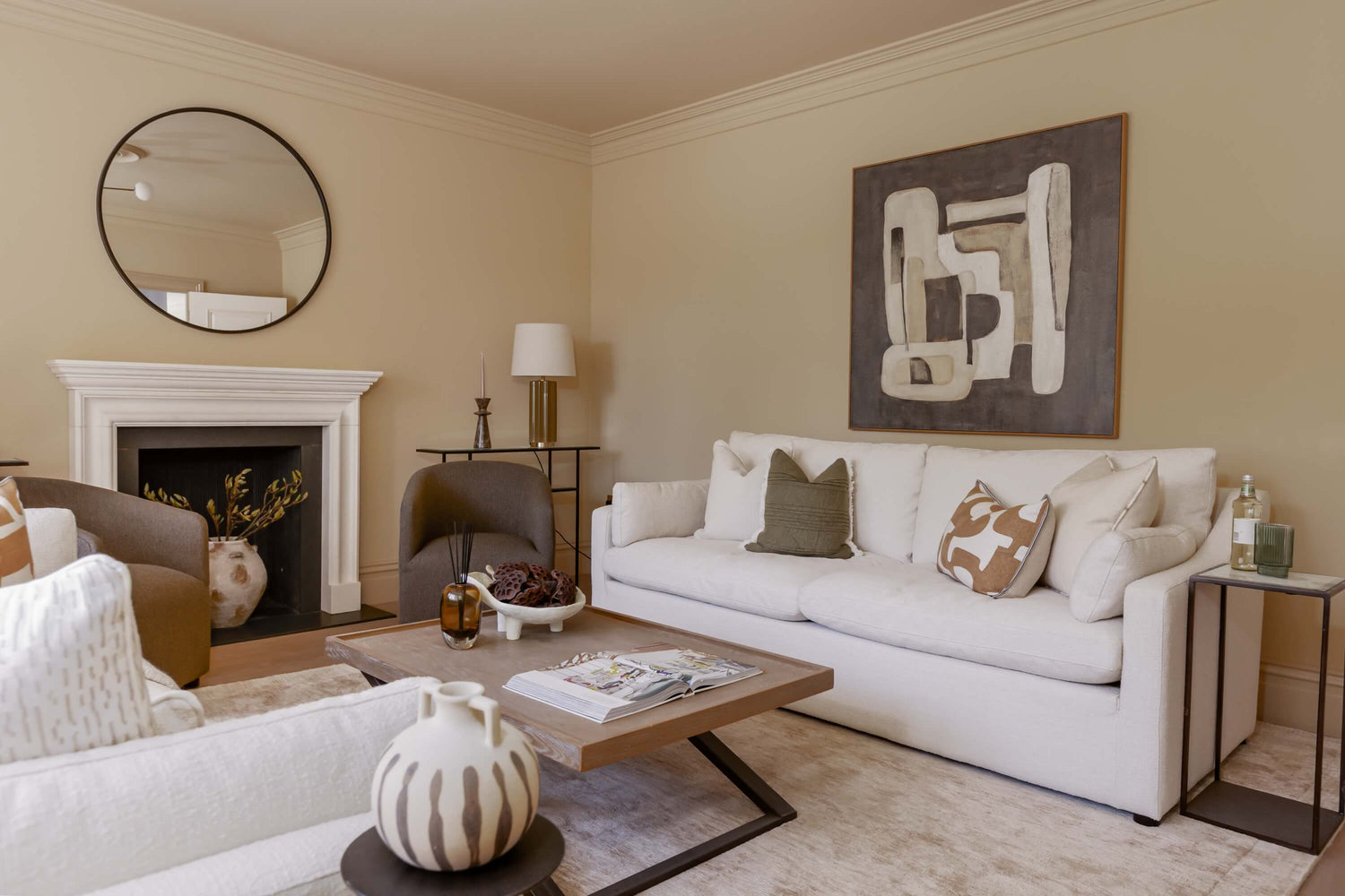 Luxurious new build home living room with feature fireplace