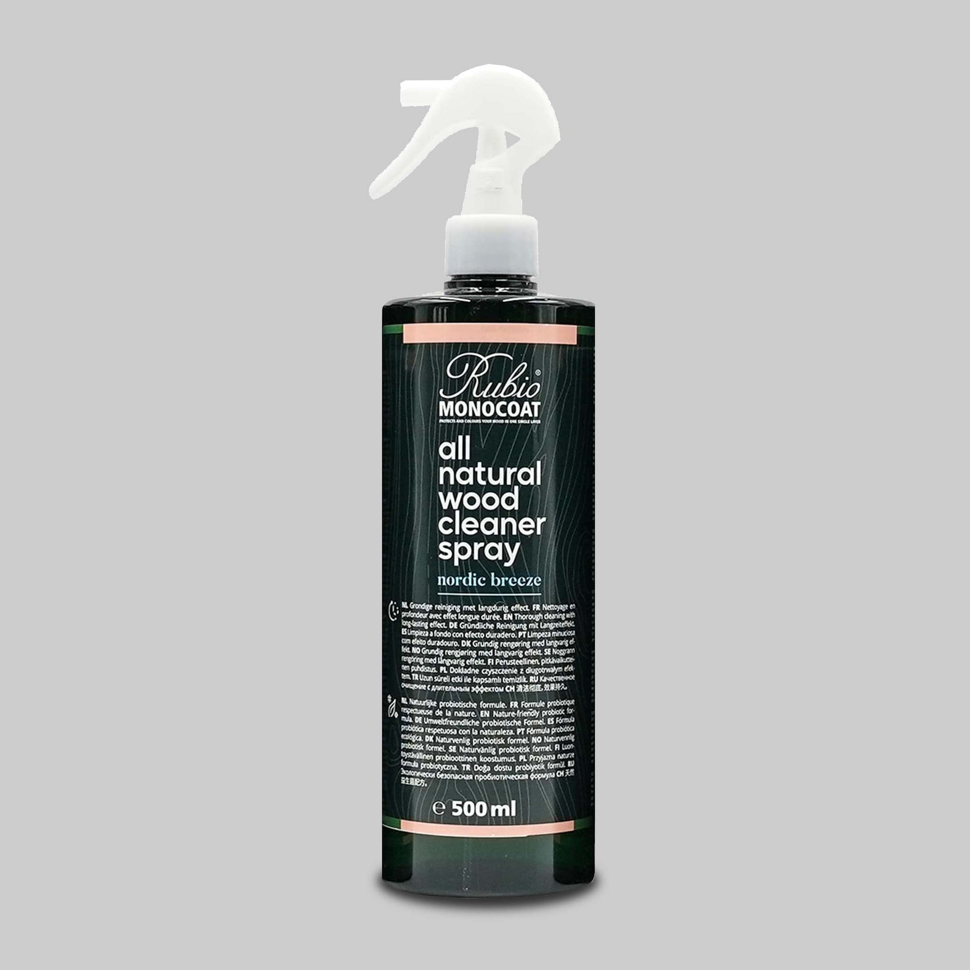 Rubio all natural wood cleaner spray bottle on a grey background