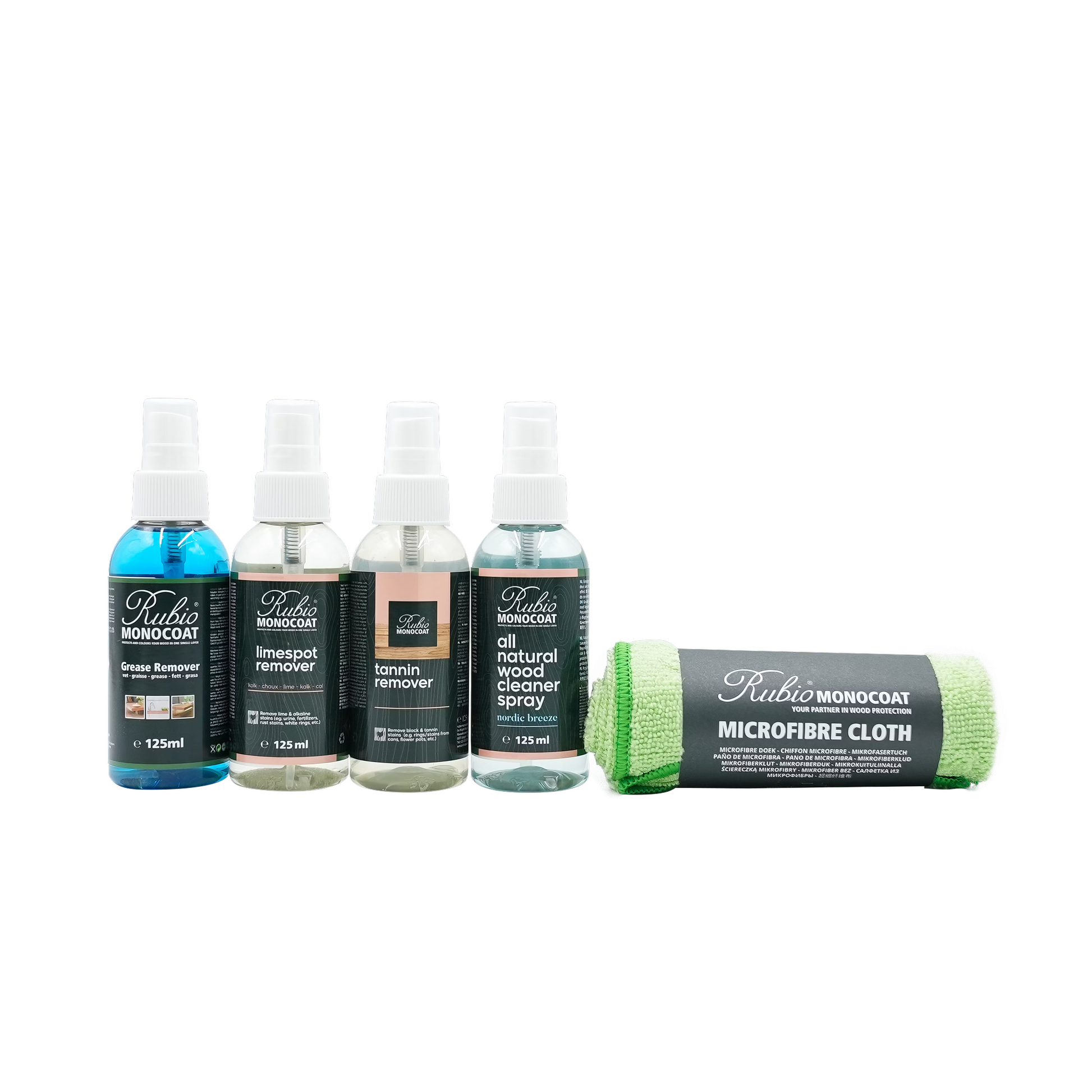 Set of four spray bottles and a microfiber cloth from the Rubio Monocoat stain remover set