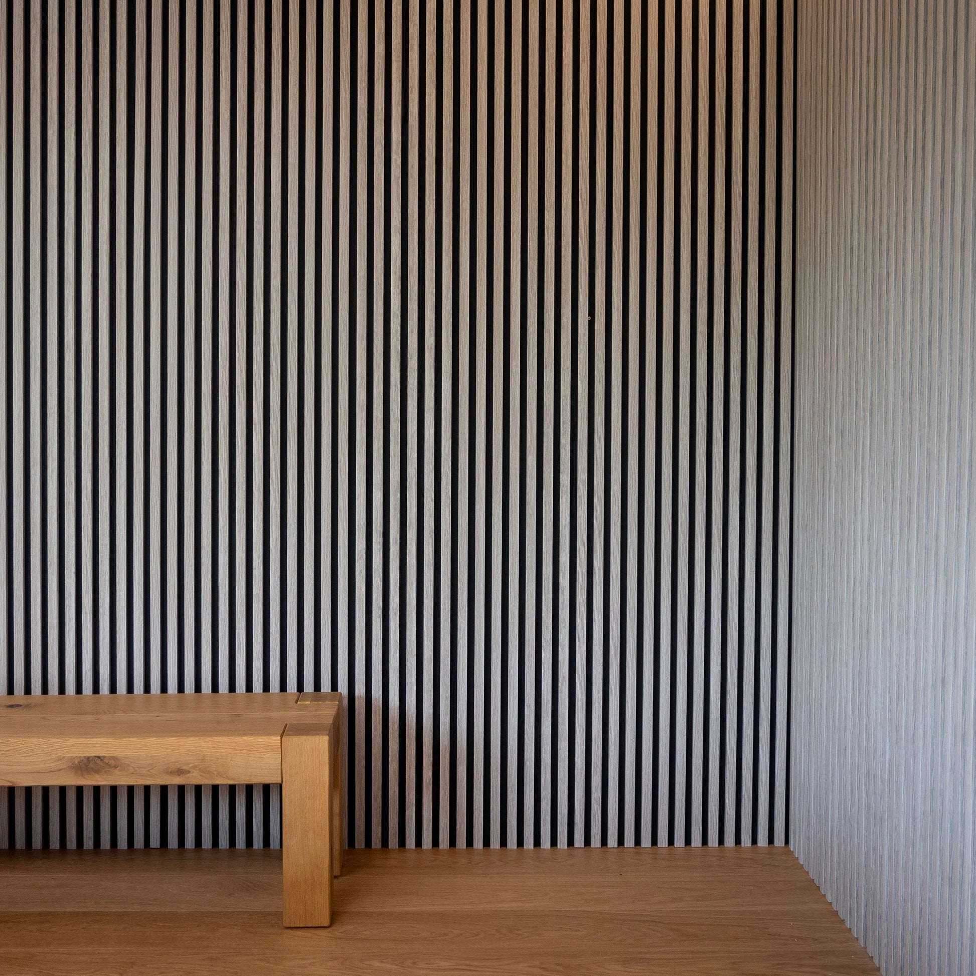 washy grey slatted wall cladding