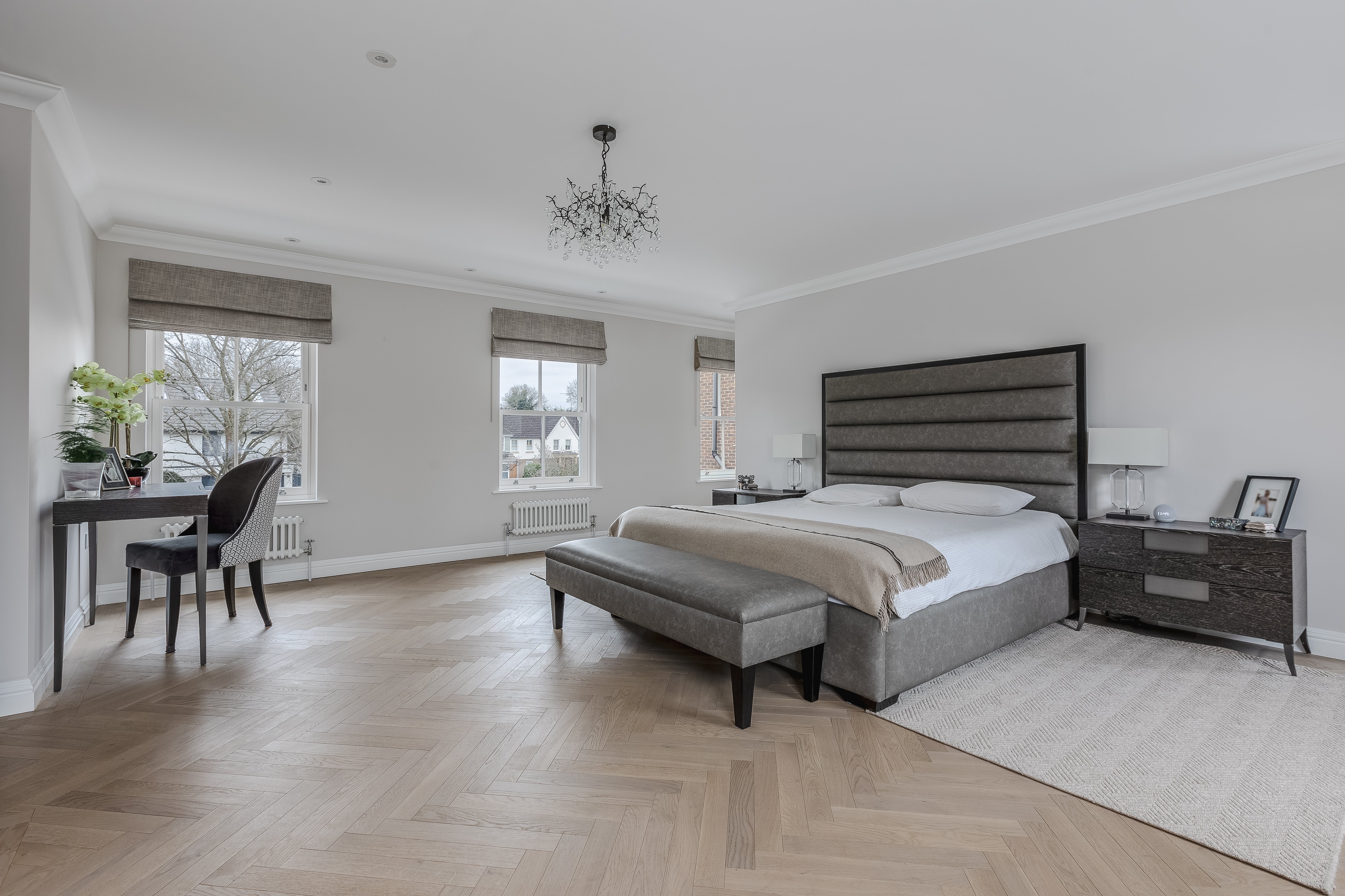Tundra Misty Grey herringbone in bedroom design