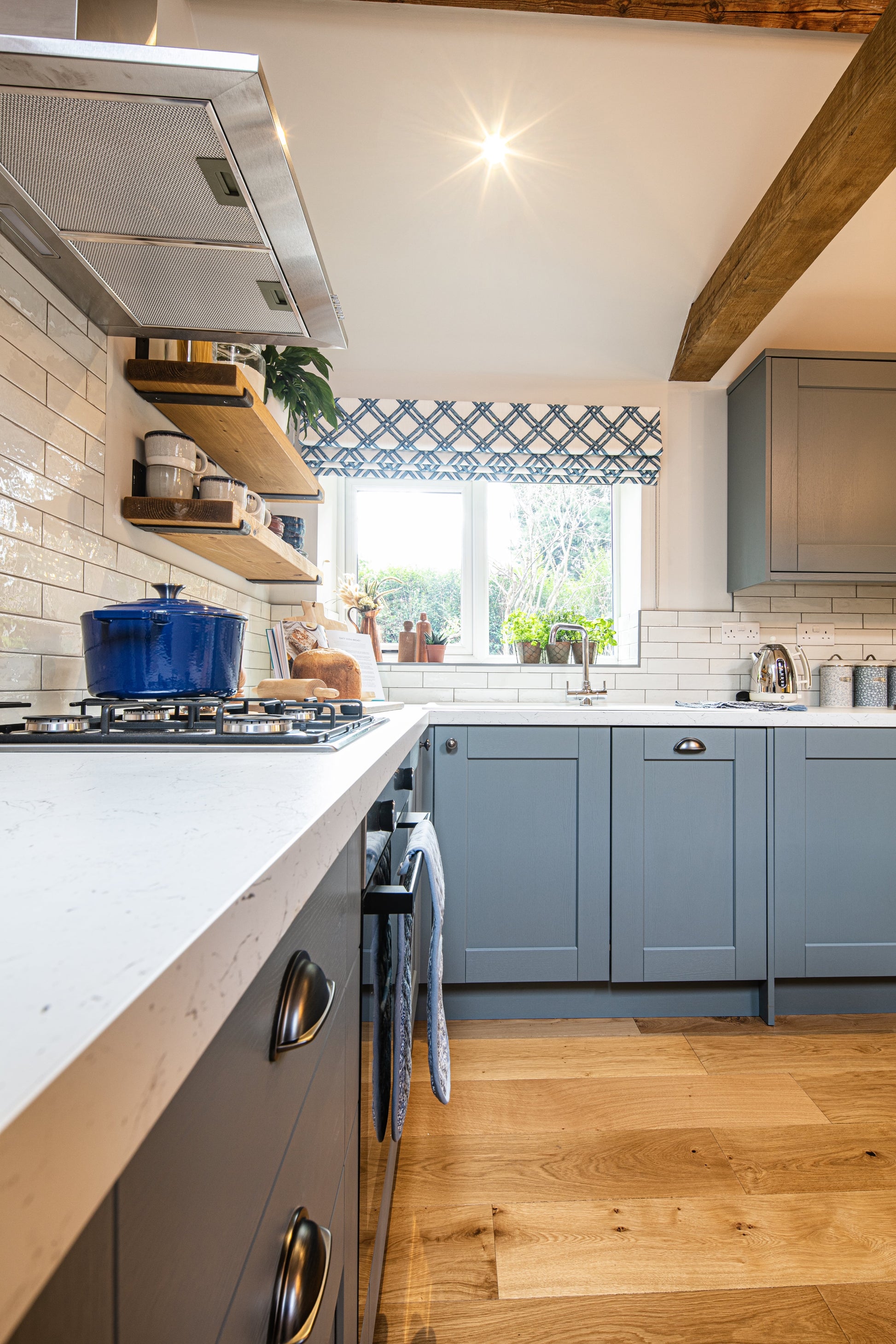 Vale Oak engineered planks in a blue shaker style kitchen