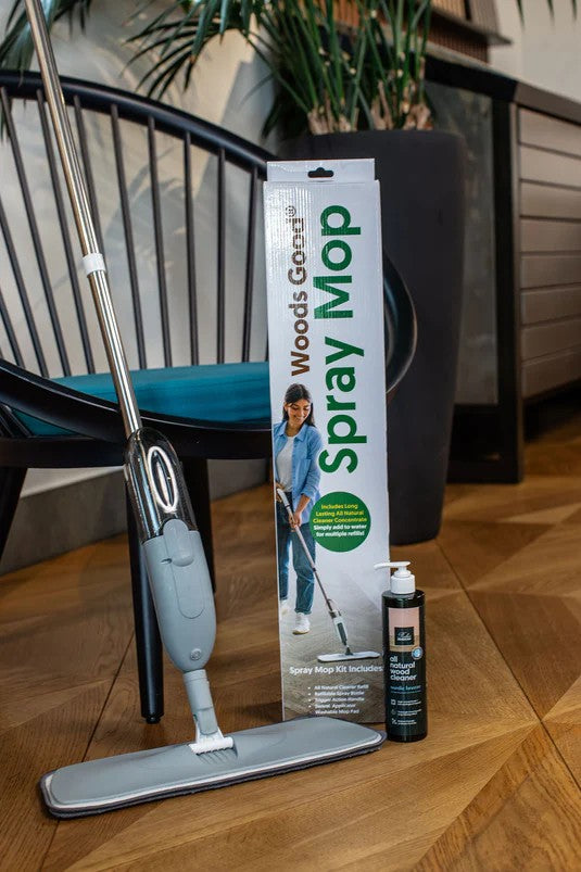 Spray mop for wood floor with cleaning solution for a wooden floor