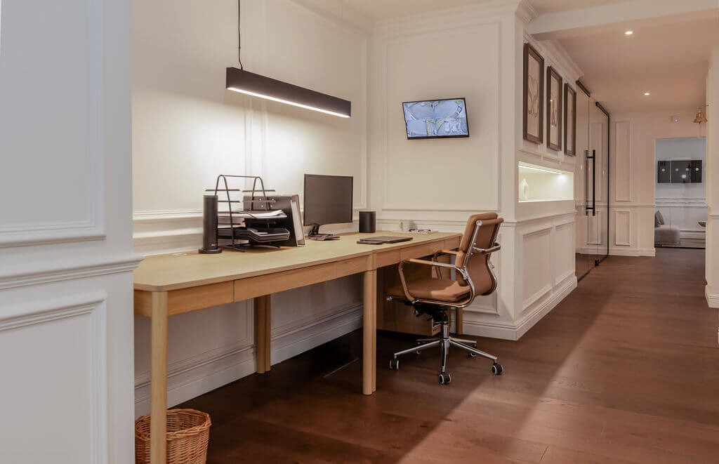 luxury office space with engineered wood flooring