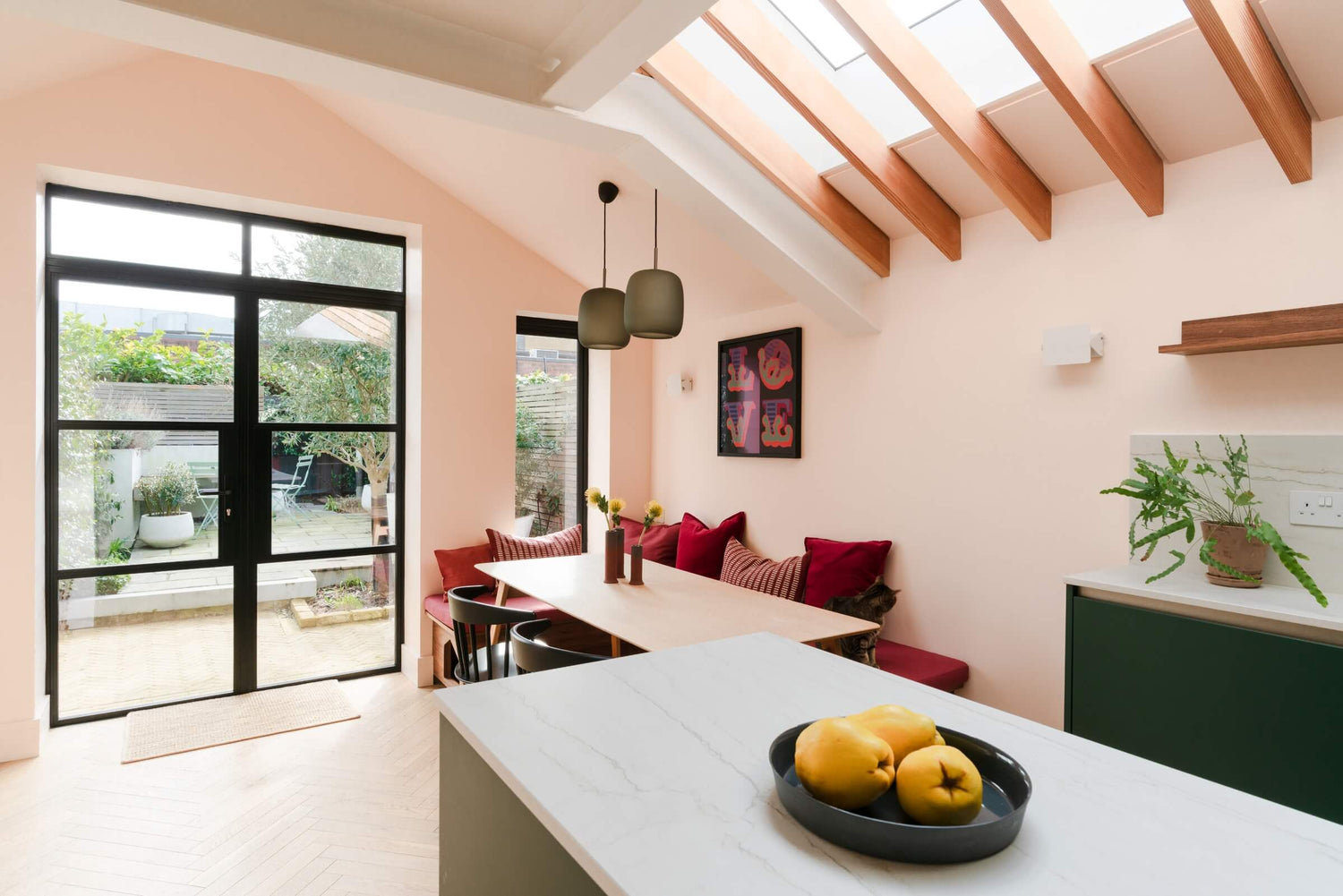 skylights in a kitchen extension with tundra seashell herringbone
