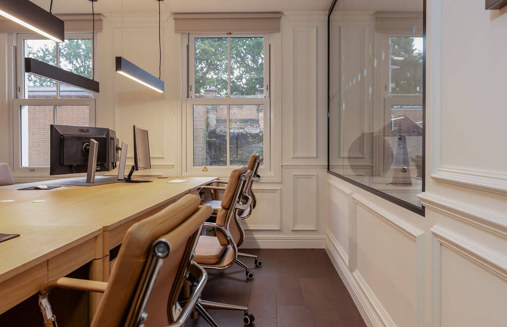 workspace with wood flooring
