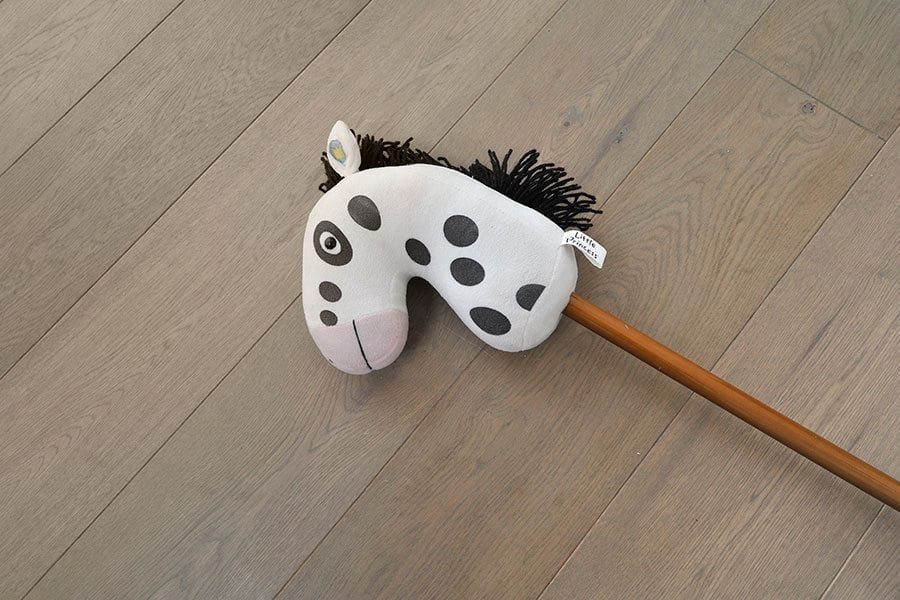 oak wood floor with a hobby horse toy