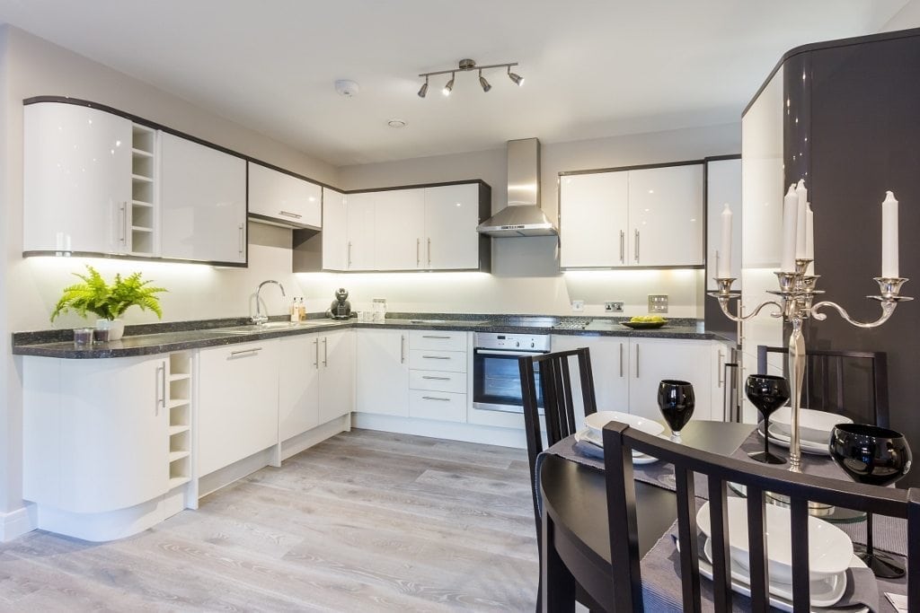 light oak wood flooring in a modern kitchen