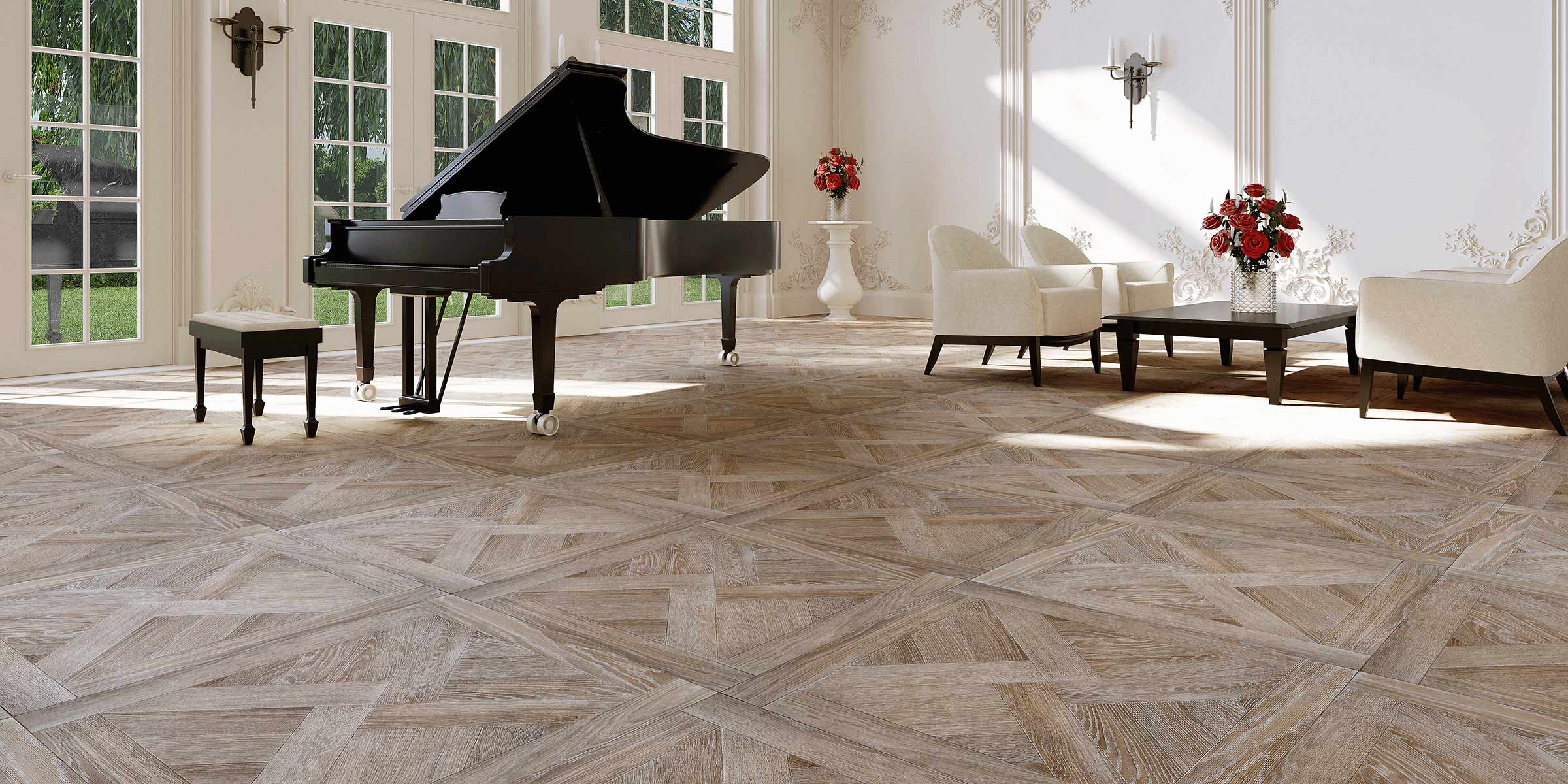 beautiful baroque-style flooring in a luxurious living room with large windows and a grand piano