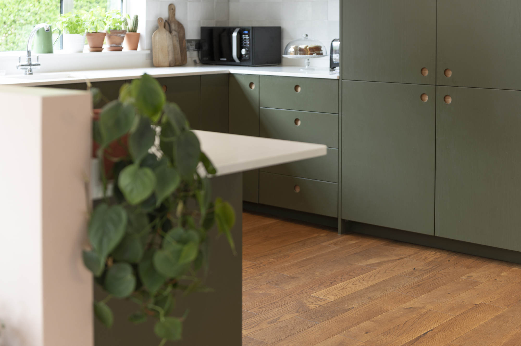 oak floors with a sage green kitchen design, plants in foreground