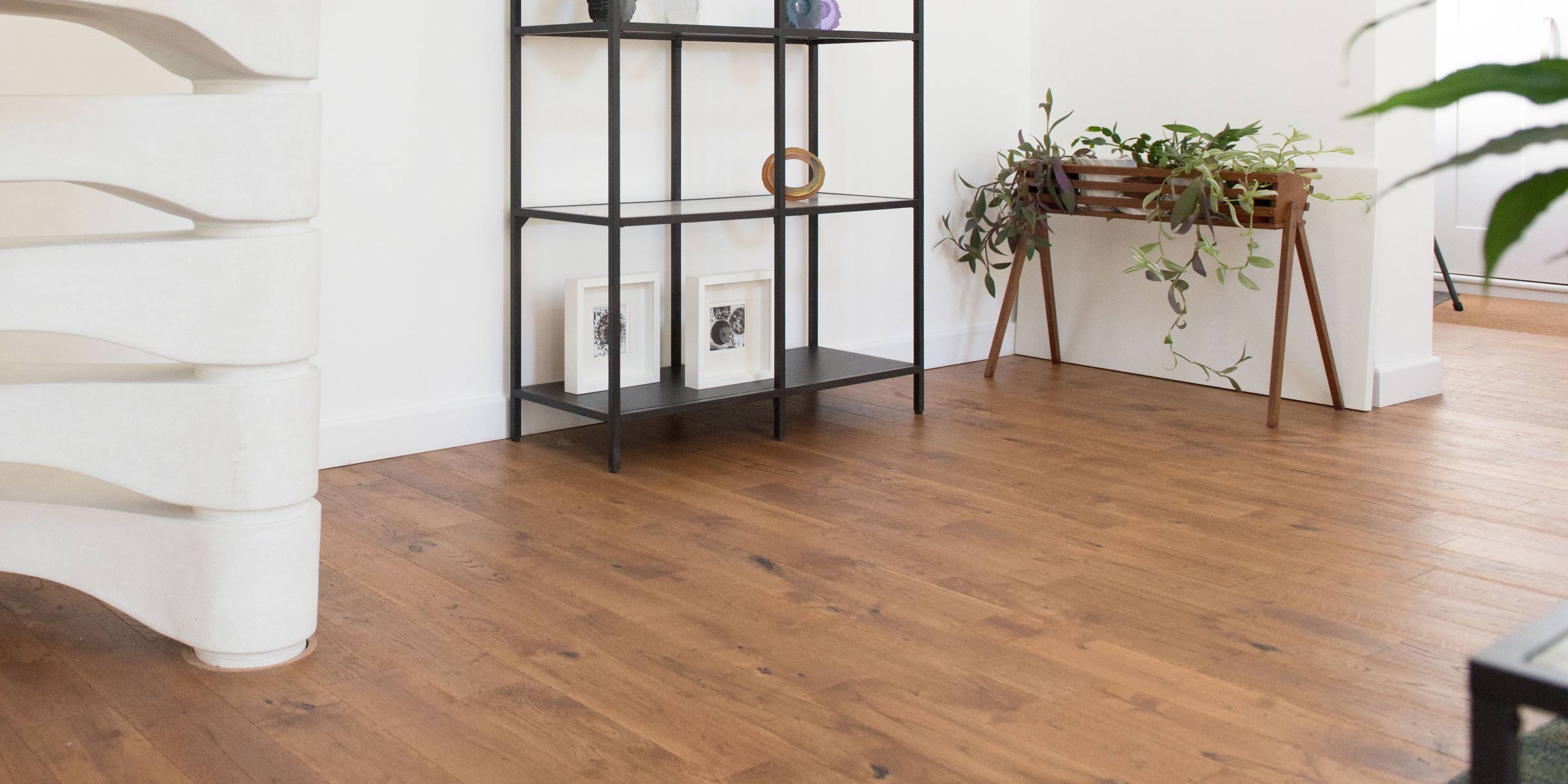 wood floors with stylish shelves and tables