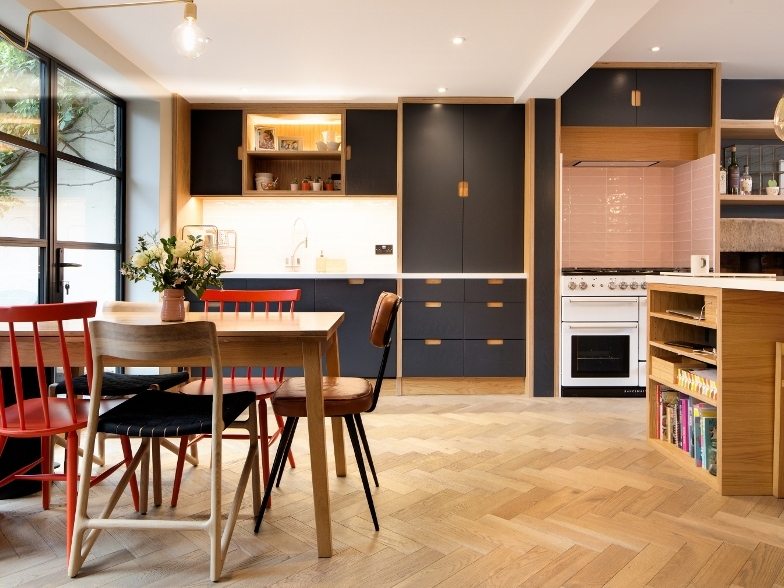 herringbone kitchen wood flooring in a stylish and modern kitchen