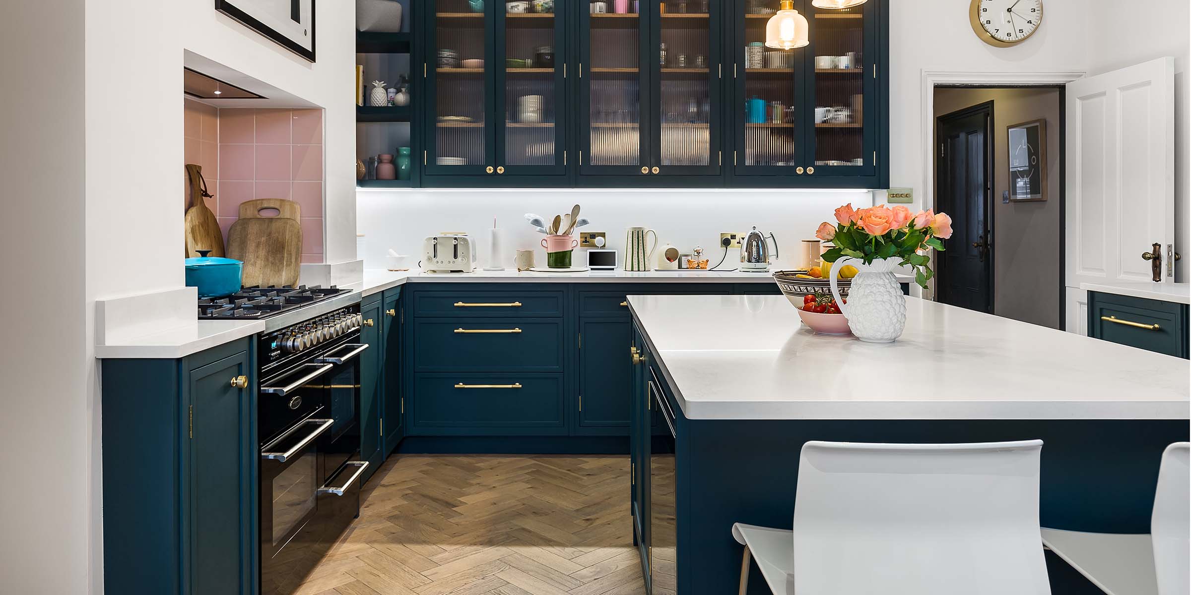 herringbone wood floors in a modern kitchen