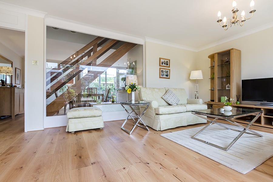 wide oak wood planks in a bright living room