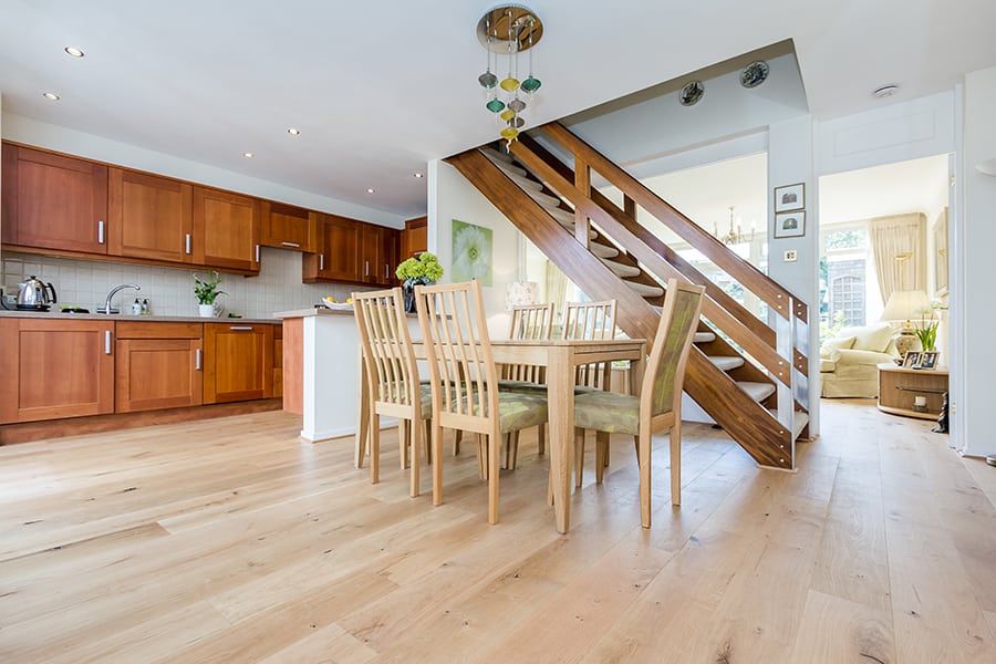 wide oak wood floors in a bright and sunny kitchen