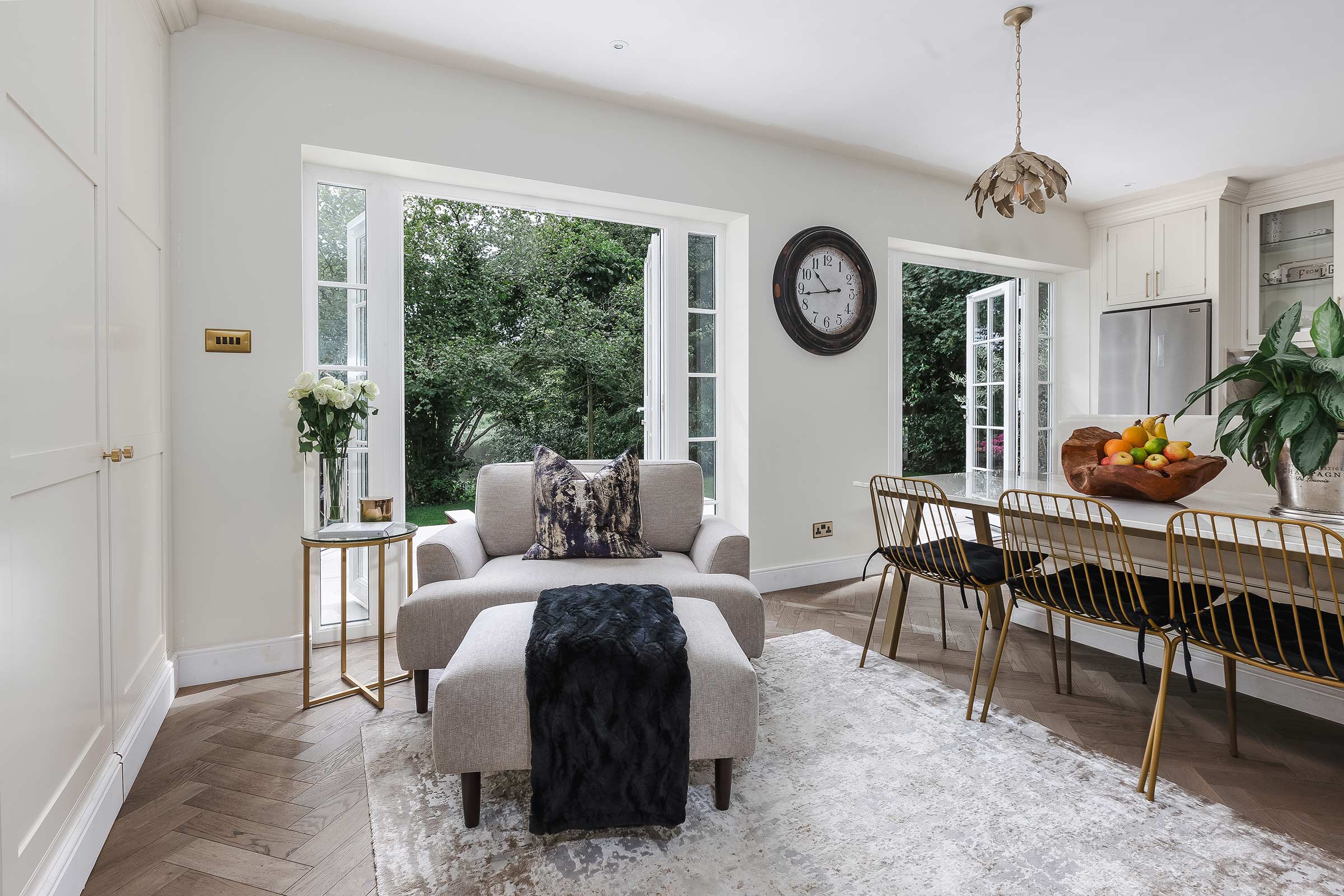 living room with wood floors and luxurious furnishings