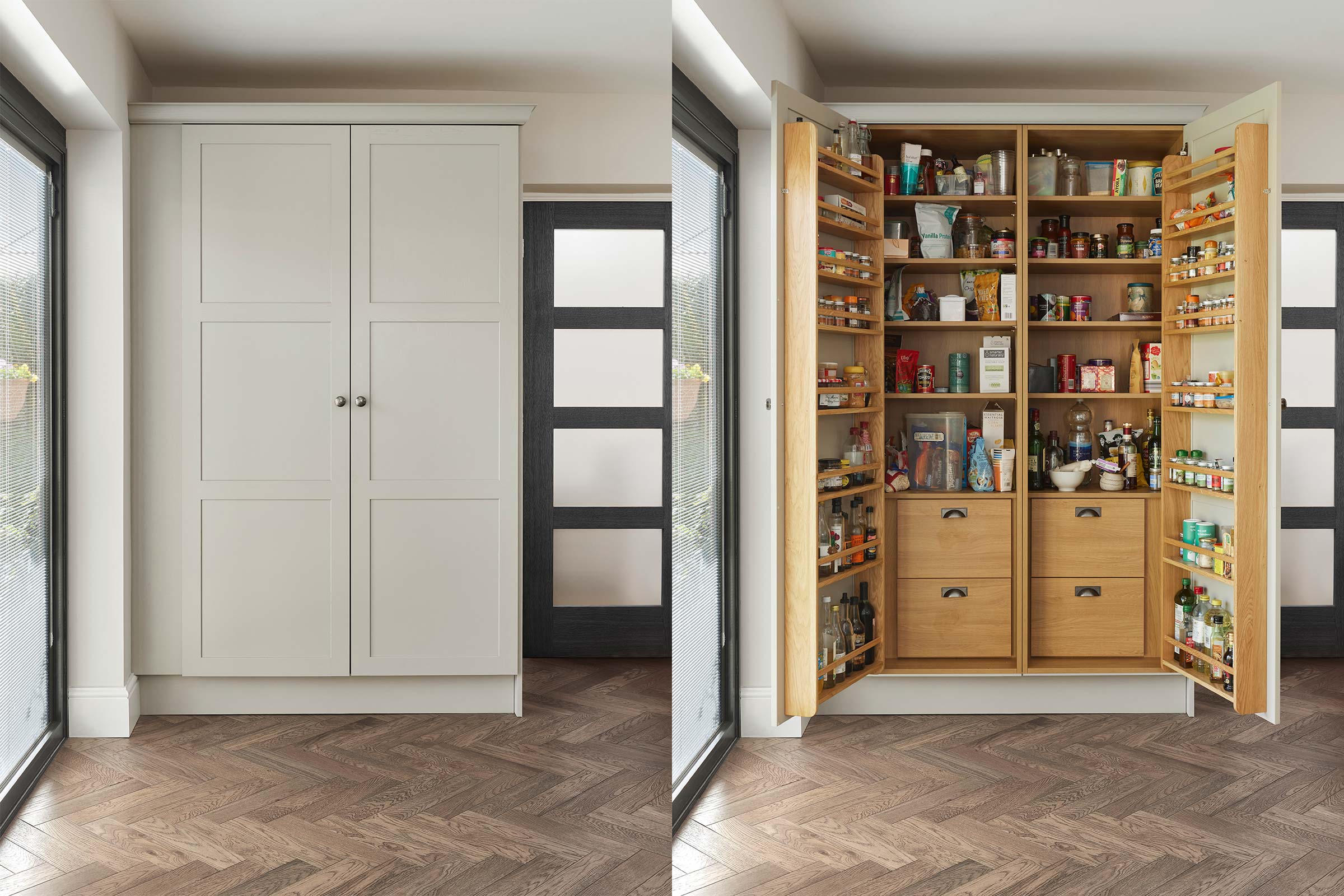 herringbone wood floors with a side by side of image of a closed cupboard and an open cupboard